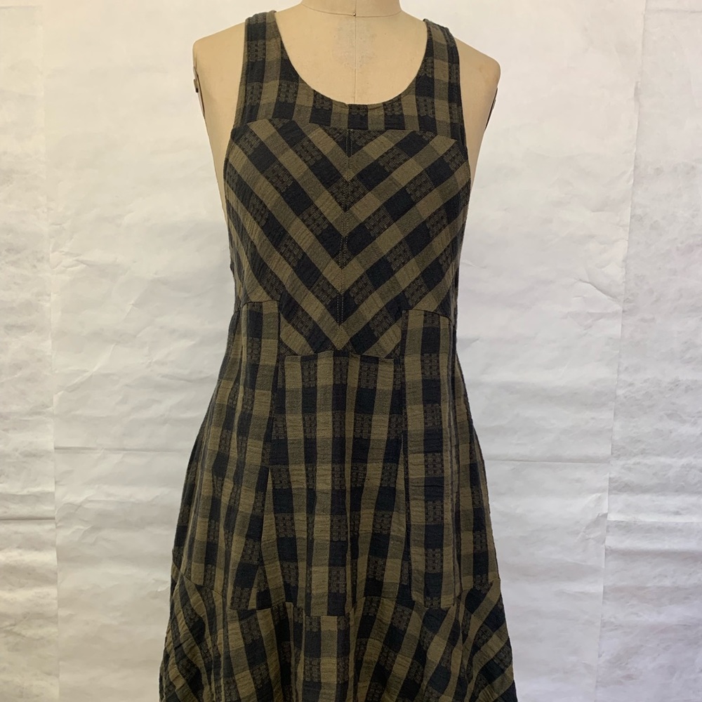 Free People olive navy plaid dress w/ruffled hem